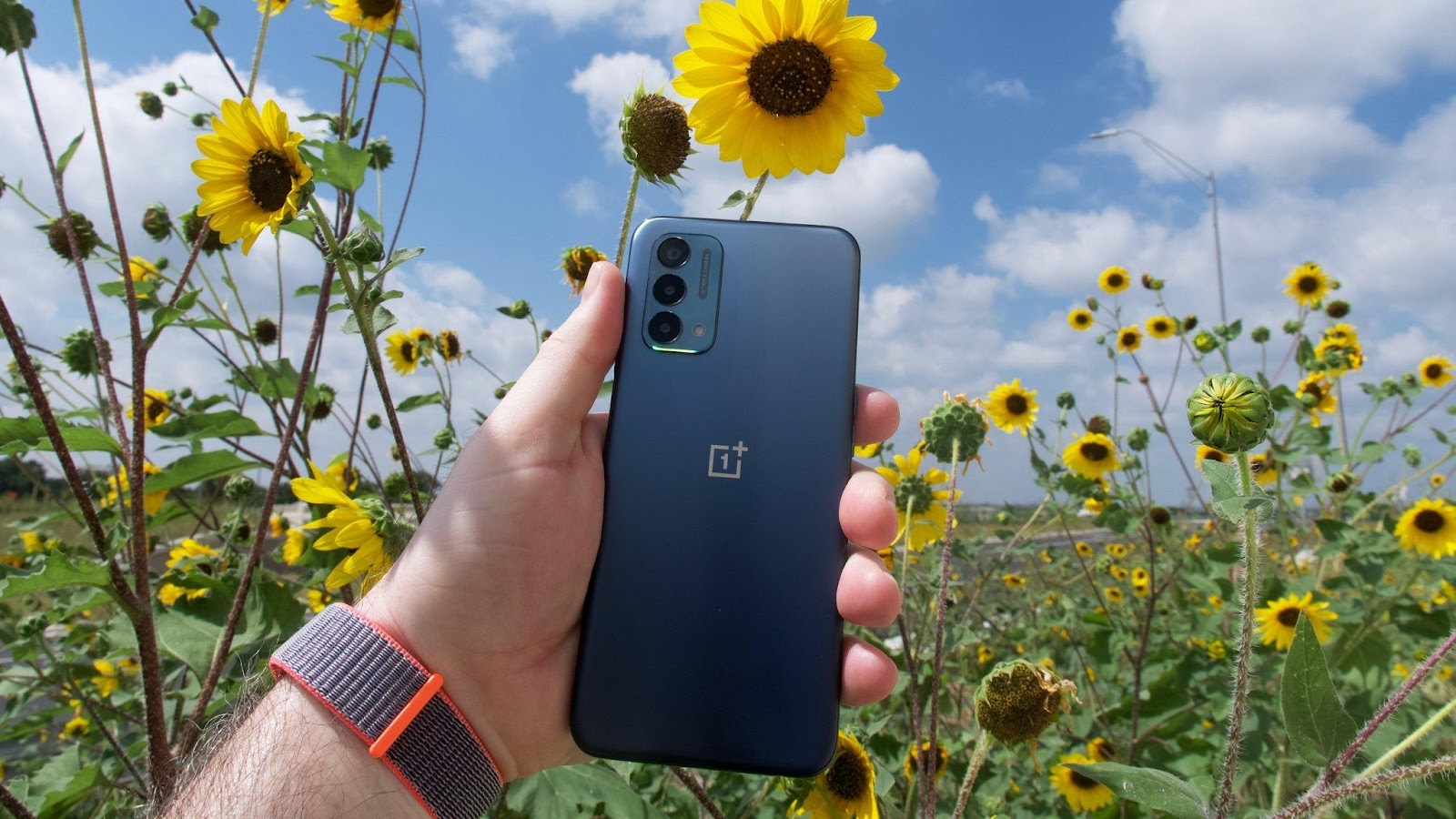 Tis image shows the OnePlus Nord N200 5G in the hands of man under flowers.